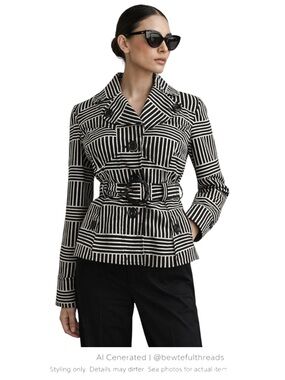 Avant Garde Abstract Stripe Cropped Trench Jacket Parisian Chic Belted
